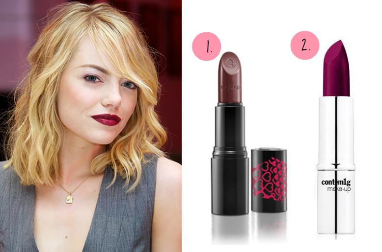 beleza | maquiagem | make up | batons | make das famosas | inspiração de make | Emma Stone | batons Emma Stone | batom roxo | batom vermelho mate