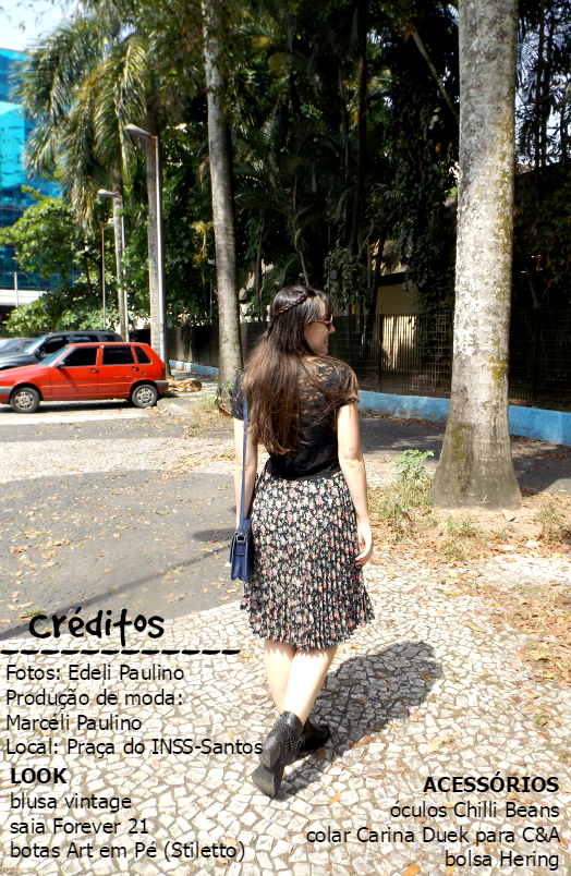 moda | look do dia | look para o dia | look com saia rodada | look do dia anos 50 | look do dia romântico | saia floral | floral com fundo escuro | top cropped | bota de cano curto