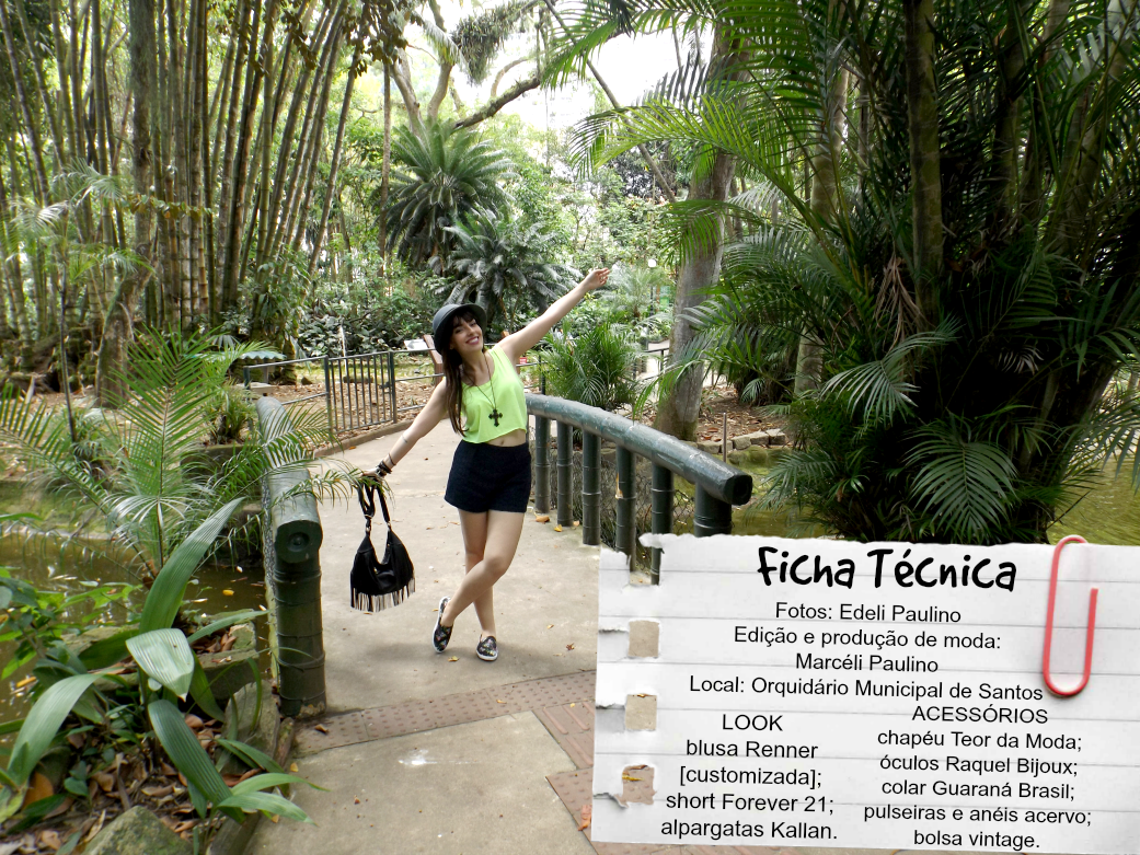 moda | look do dia | look para o dia | look com alpargatas | short de renda | chapéu côco | top cropped | look verão 2015 | look de verão | Orquidário Municipal de Santos | batom roxo