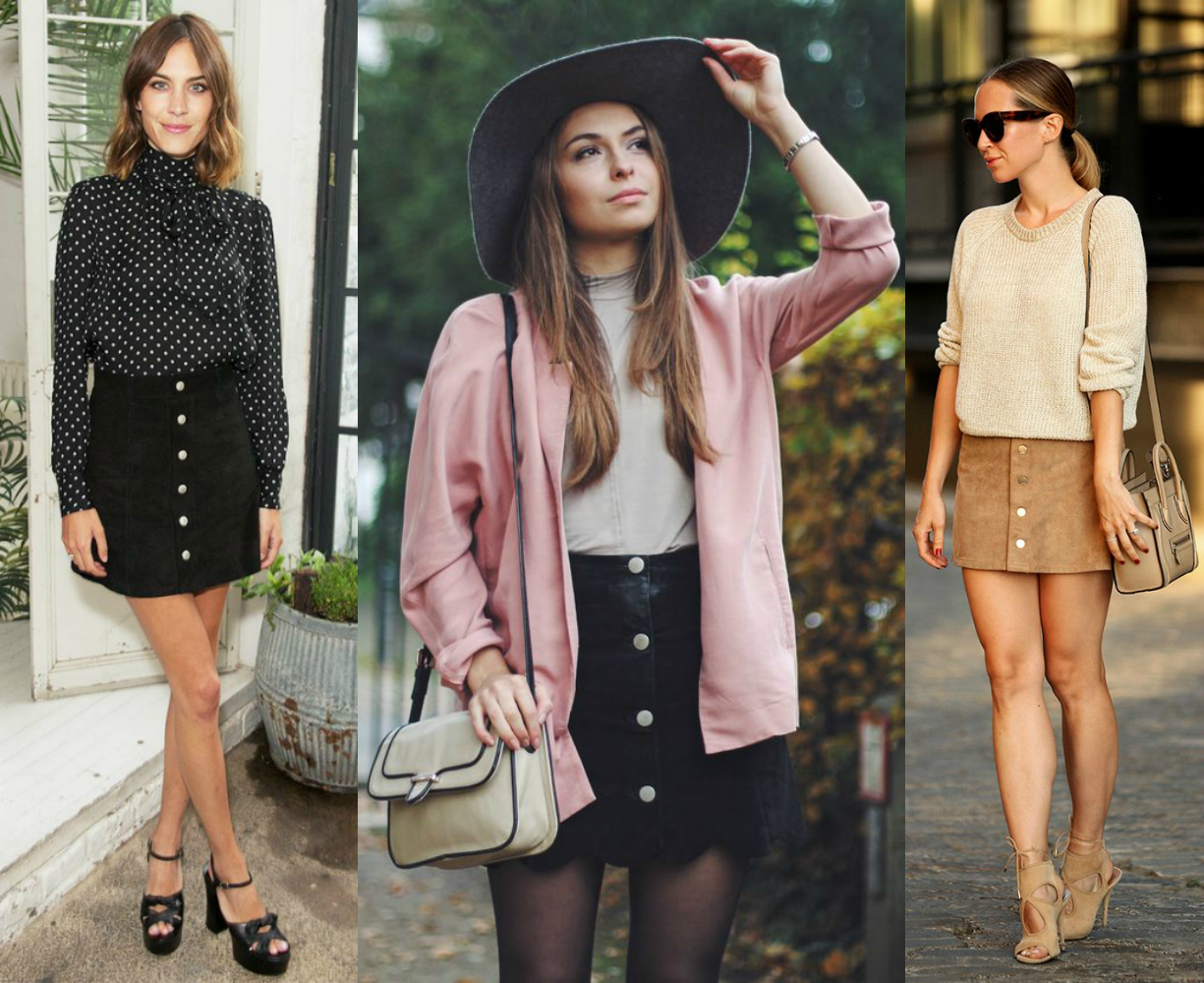 moda | moda 2016 | mini saia | saia | saia de botões | saia cintura alta | saia de saia | saia jeans | saia preta | suede skirt