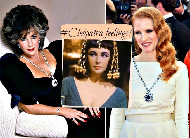 Jessica Chastain faz homenagem aos 50 anos de Cleópatra com colar de Elizabeth Taylor